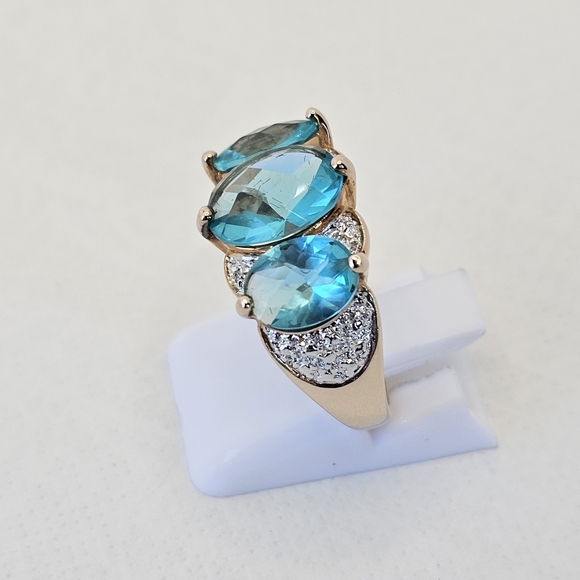 Stunning Caribbean Tourmaline & Diamond Ring Yellow Gold Vermeil Sz 7! - Picture 5 of 11